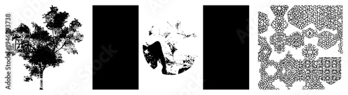 Stylized tree with intricate branches, leaf clusters, and textured canopy, rendered in vector art for graphic design or background use.