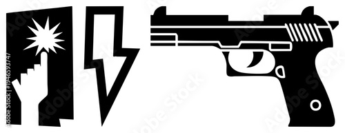Finger activating button with starburst, electric bolt symbol, handgun, vector, minimalist design, user interface elements, digital interface symbols.