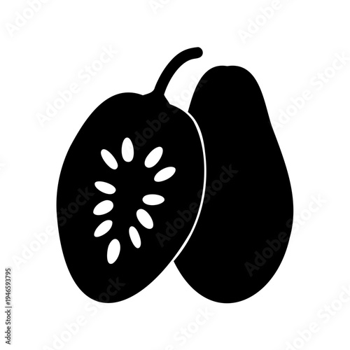 Striking monochrome illustration of a passion fruit, one half cut open