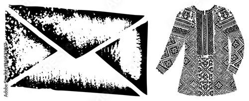 Black and white vector graphic of Scottish flag with textured, paired with intricately folk dress, cultural heritage, ethnic attire, stylized design.