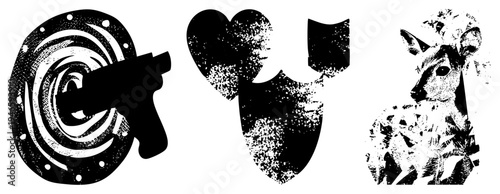 Retro halftone graphics featuring gun, heart, deer bold black shapes with grainy texture, vector art for design, isolated elements, stylized print.