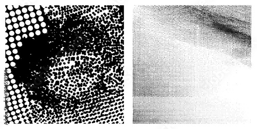 Vector graphic showcasing halftone dot gradients and chaotic dot clusters, ideal for print or digital art, minimalist texture,, isolated design element.
