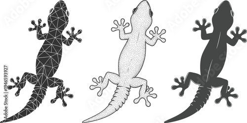 Set of Gecko Lizards Silhouettes in Low Poly Stippled and Solid Styles for Nature Reptile and Wildlife Graphic Design Projects
