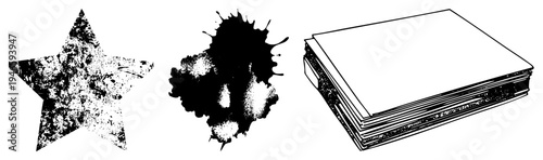 Distressed star emblem, chaotic ink blot, layered paper stack vector for design, typography, or use.