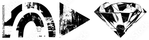 Distressed vector including Wi Fi symbol, play button, and diamond, rendered in gritty black and white halftone style with textured noise.