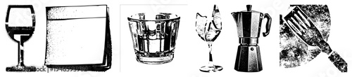 Stylized halftone depiction of wine glass, napkins, ice bucket, broken wine glass, moka pot, and spatula classic kitchen and dining tools rendered in vector art.