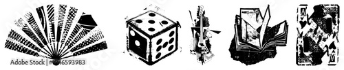 Black and white vector fanned cards, die, guitar, book, playing card stylized, halftone, graphic design elements.