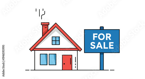 Vibrant line art illustration depicting a house with a 'For Sale' sign, symbolizing residential property market activity
