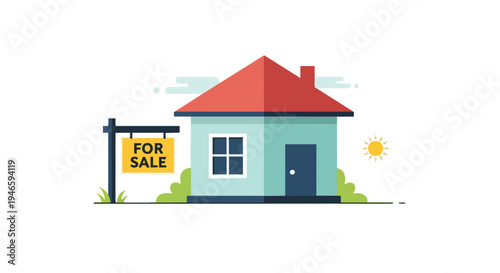 An inviting flat design illustration portraying a charming residential home presented with a prominent "For Sale" sign on a bright sunny day,