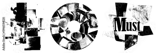 Fragmented black and white geometric forms, halftone texture collage, graphic design elements, vector art, modern abstract composition, typographic integration, isolated shapes.