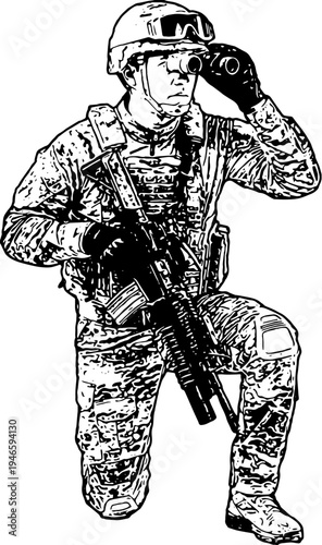 Military Scout Kneeling and Using Binoculars, Stencil illustration of a kneeling soldier holding an assault rifle while looking through binoculars for reconnaissance and scouting