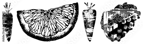 Retro halftone print of carrot, citrus slice, and abstract fruit pile, stylized black and white vector art, food illustration, graphic design element.