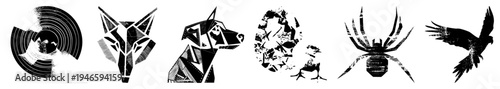 Stylized animal heads and birds in geometric, halftone textures, and art, ideal for graphic design, tattoos, or branding. Includes wolf, dog, chick, spider, and bird motifs.