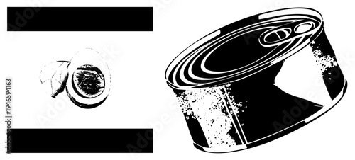 Black and white halftone avocado cut, canned food canister, vector graphic, food illustration, stylized food design, pop art food, minimalist food art.