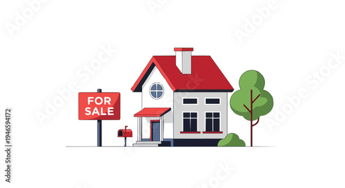 Minimalist home for sale with red roof, featuring a prominent sign, mailbox, and green tree, representing real estate transactions and property