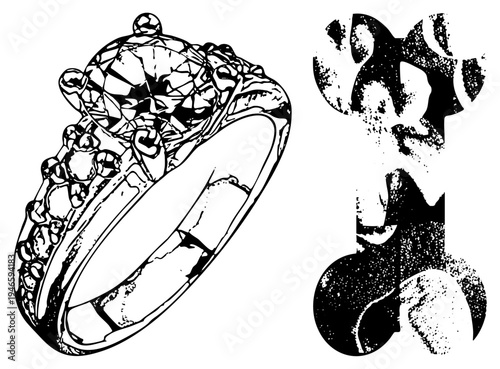 Classic solitaire diamond ring with intricate band, vintage jewelry design, ornate filigree, black and white vector art, bridal accessory.