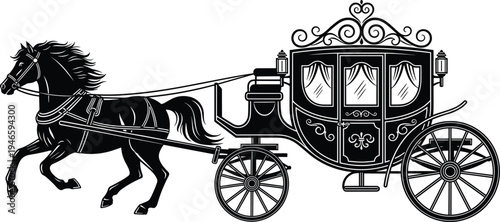 Vintage horse drawn carriage illustration, royal fairytale coach with horse, classic transportation silhouette isolated on white background