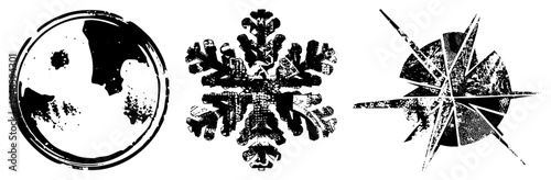 Distressed black and white vector snowflake, compass rose, yin yang. Vintage, textured, gritty design. Ideal for winter, navigation, or balance themes.