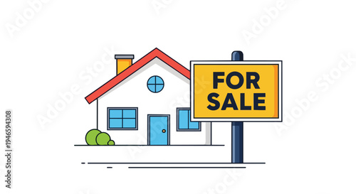 A cheerful vector graphic of a family home with a 'For Sale' sign, indicating property availability