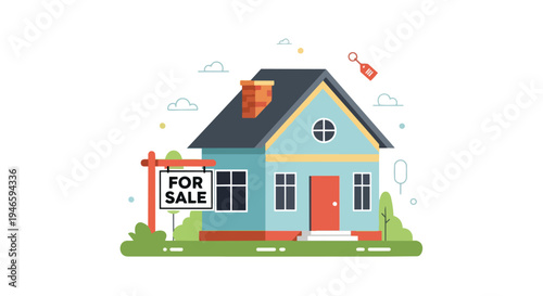 A vibrant cartoon image showcasing a charming blue house with a prominent 'For Sale' sign and a single key, representing the dynamic real estate