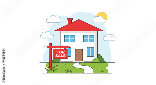 Brightly illustrated residential house with a red roof, front yard 'For Sale' sign, and a winding pathway, representing market activity and home