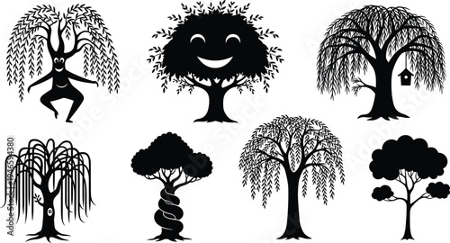 Whimsical tree silhouettes, anthropomorphic forest designs, creative face trunks, fantasy botanical art, decorative nature icons, abstract foliage patterns, playful vector illustration set