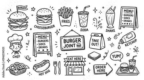 Set of Burger food restaurant doodles. hand drawn style. black and white line art drawing