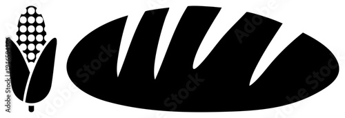 Black silhouette vector of corn cob and artisan bread loaf, minimalist food symbols, bakery branding, grain products, culinary graphics.