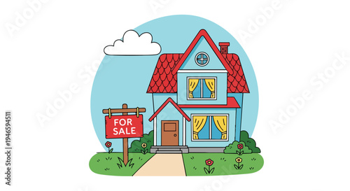 Charming illustrative residential property with vibrant red roof and 'for sale' sign amidst a tranquil suburban setting a perfect depiction of home
