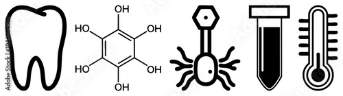 Medical and dental symbols including tooth, catechin chemical structure, bacterial cell, lab test tube, and thermometer, representing care, biochemistry, and diagnostics.