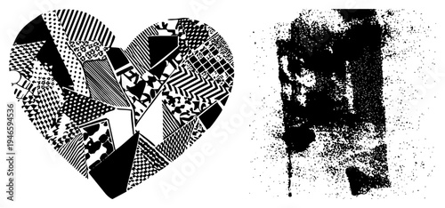 Abstract heart composed of fragmented geometric shapes with bold halftone textures, graphic art, vector design, composition, modern aesthetic.