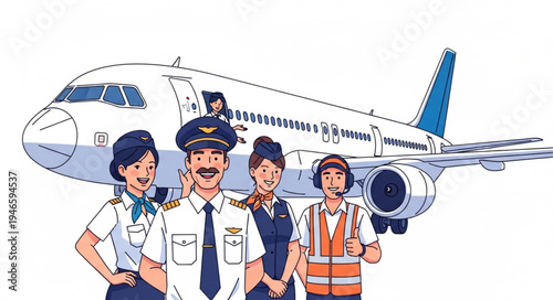 Airplane Crew Standing Together Smiling.