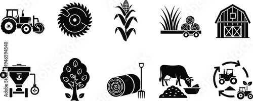 Agriculture farming icons set with tractor, corn, barn, hay bale, fertilizer spreader and livestock farming vector illustration