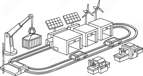 Line art vector of automated logistics center, AGV robots and green energy