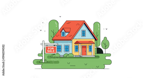 Colorful house for sale with green yard and trees, symbolizing new beginnings in real estate, offering a charming property opportunity for a fresh