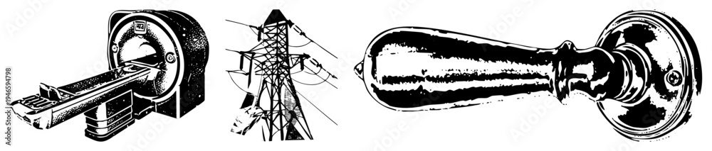 Fototapeta premium Black and white vector illustration of medical MRI machine, electricity pylon, and antique door handle, isolated objects with halftone shading and clean.