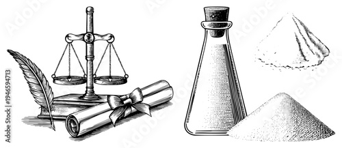 Law scales, quill pen, rolled parchment, glass reagent bottle, powder piles classic legal and scientific, engraved vector art, legal documents and chemistry lab elements.