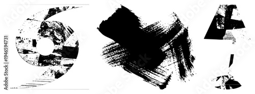 Graphic letterforms rendered with textured brushstrokes, abstract typography, ink splatter aesthetic, bold, artistic text elements.