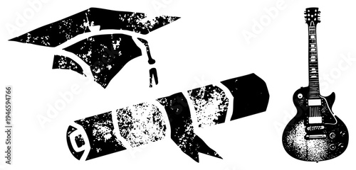 Academic graduation cap and diploma scroll paired with electric guitar, symbolic of music and education, distressed black and white vector art, student achievement, rock graduation.