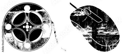 Vintage film reel and modern computer mouse rendered in high contrast vector style, distressed halftone texture, tech and cinema symbols, isolated graphic elements.