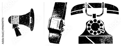 Retro megaphone, wristwatch, rotary phone rendered in halftone, vector graphic, communication symbols, isolated elements, timeless design.