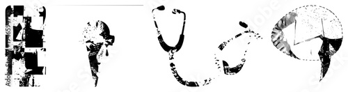 Grunge styled medical including stethoscope, brain, skull, and bones, isolated vector graphics for healthcare design, medical illustration, or emergency services branding.