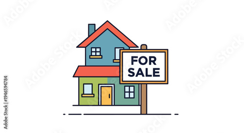 Charming house illustration with a 'For Sale' sign, depicting property available for purchase and new home acquisition