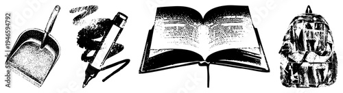 Duster and brush for dusting, fountain pen with ink swirl, open book with text, backpack, vintage graphic set, educational and utility items.