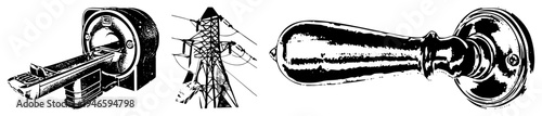 Black and white vector illustration of medical MRI machine, electricity pylon, and antique door handle, isolated objects with halftone shading and clean.