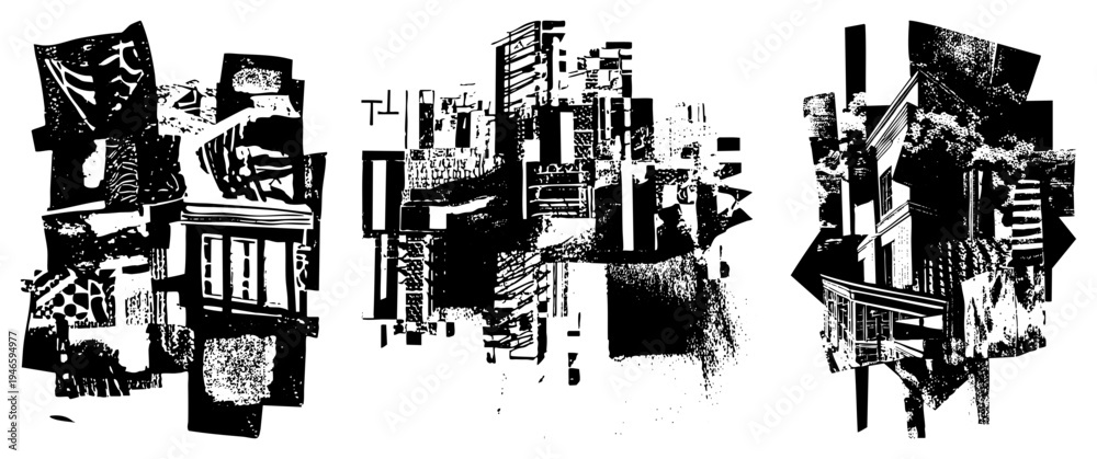 Fototapeta premium Stylized black and white building fragments with halftone textures, deconstructed urban forms, graphic architecture, vector art, modernist design, architectural collage.