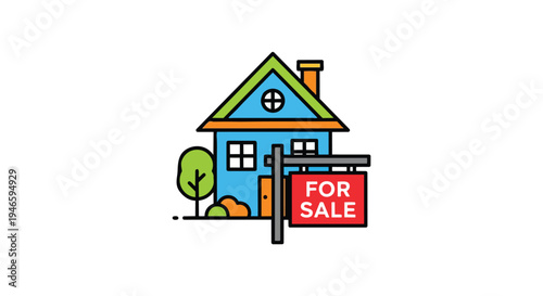 Vibrant real estate icon depicting a charming house with a prominent "for sale" sign.