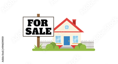 Charming residential property illustration with a prominent 'FOR SALE' sign signifying availability