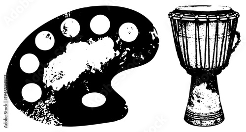 Painter’s palette with paint wells and smudges beside a djembe drum, both rendered in high contrast vector style, ideal for creative or cultural design projects.