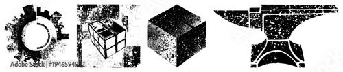 Four stylized vector forms with halftone grain, including gear, cube, cube with grid, anvil flat design with distressed texture, isolated elements for graphic use.